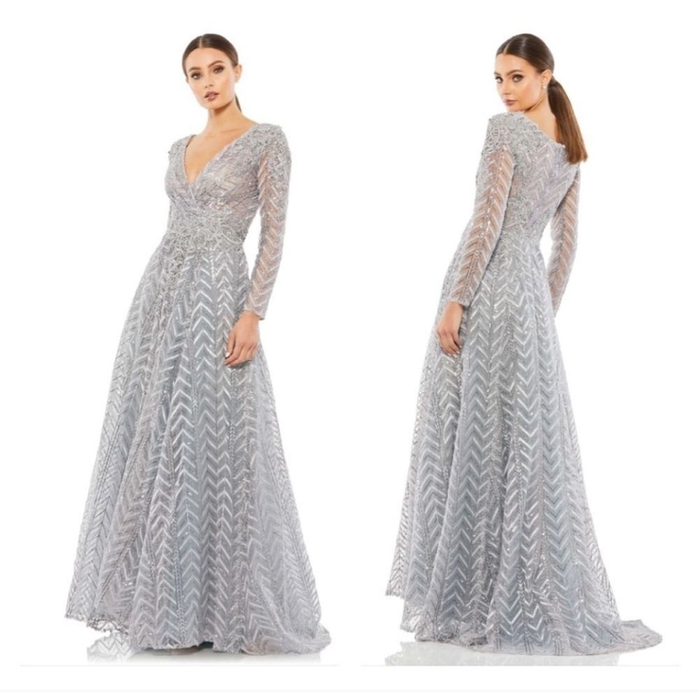 Mac Duggal 20189 Embellished Illusion Long Sleeve Wrap Over A Line size 4